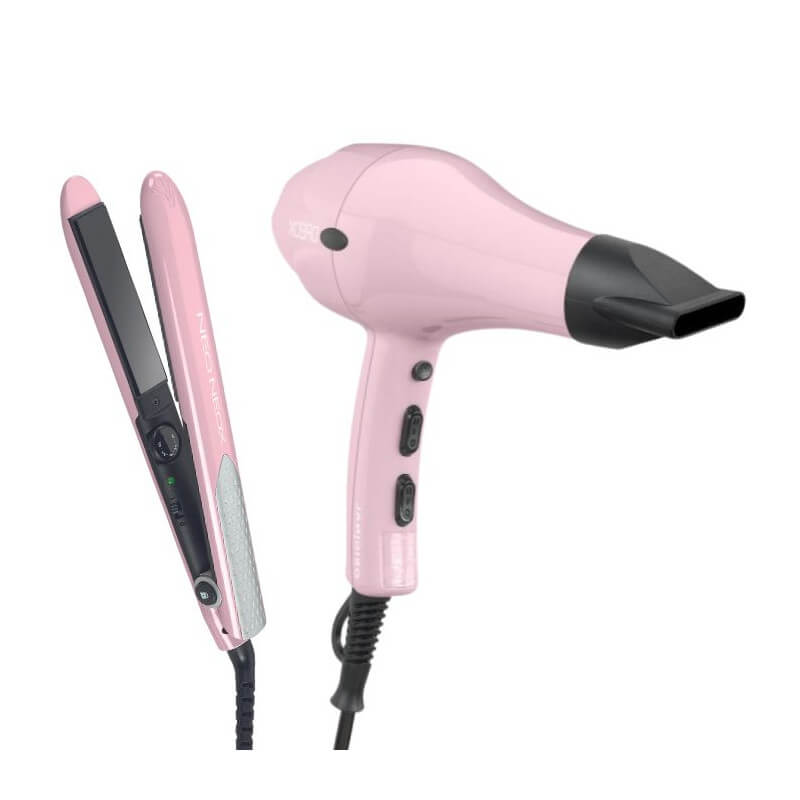 Secador de Cabelo Duo Dreox e Prancha Alisadora Neoneox Rosa Frio Sibel