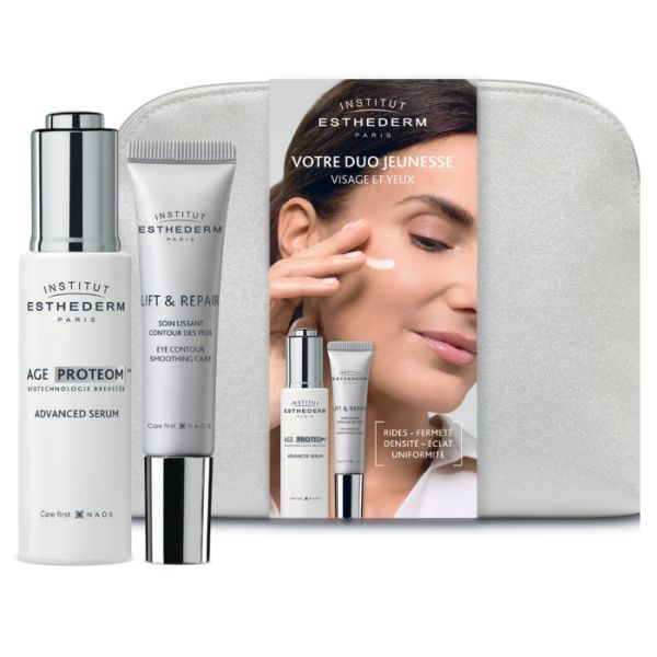 Duo jeunesse visage et yeux Age Proteom Esthederm translates to "Youth face and eye duo Age Proteom Esthederm" in English.