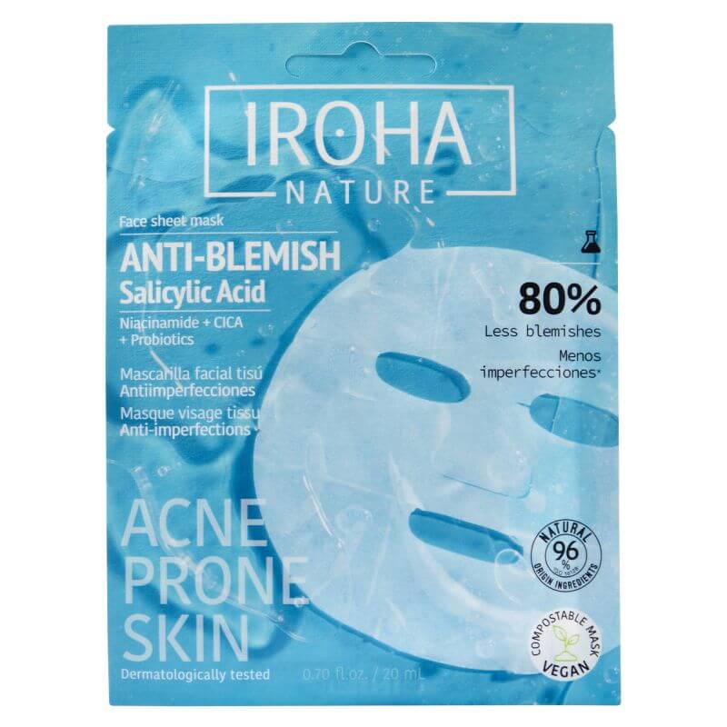 Máscara facial de tecido Anti-imperfeições, anti-acne com ácido Salicílico Iroha