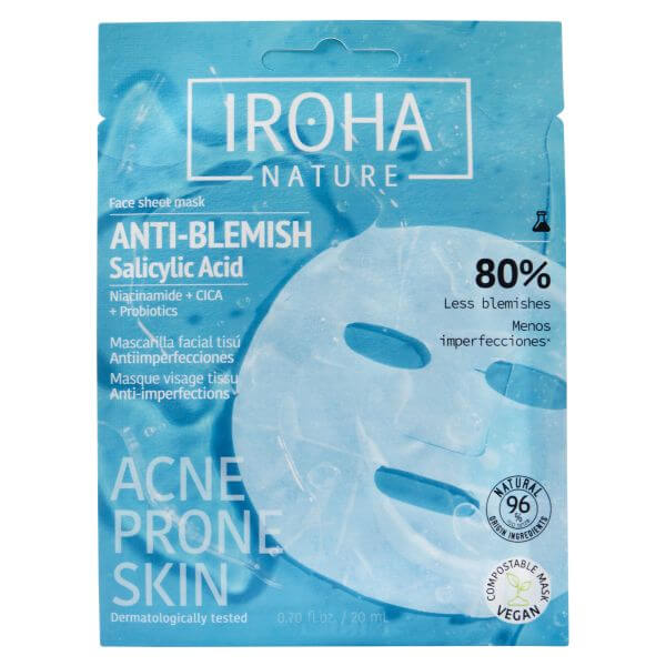 Máscara facial de tecido Anti-imperfeições, anti-acne com ácido Salicílico Iroha Máscara facial de tecido Anti-imperfeições, anti-acne com ácido Salicílico Iroha