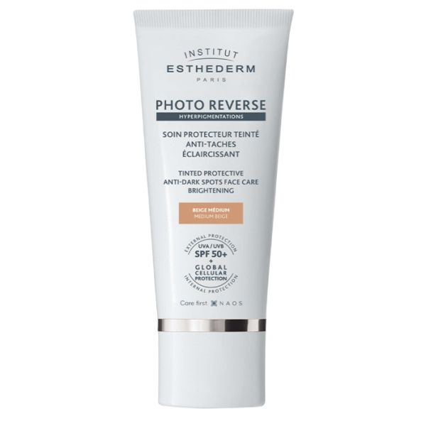 Hoge beschermingscrème Photo reverse met medium beige tint SPF50+ van Esthederm, 50 ml.