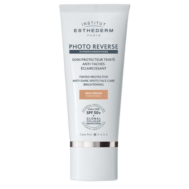 Hoge beschermingscrème Photo reverse met medium beige tint SPF50+ van Esthederm, 50 ml.