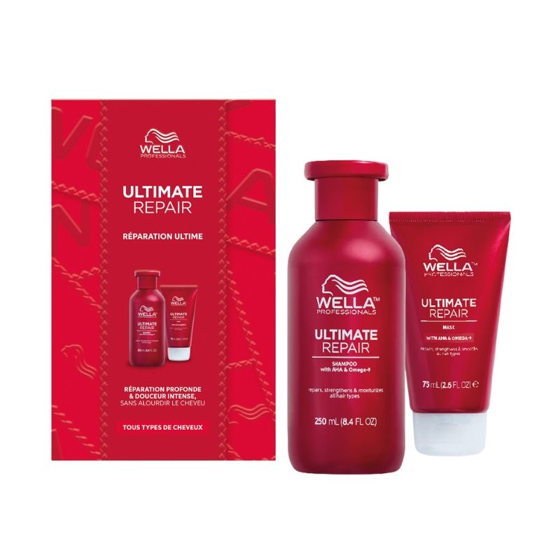 Conjunto de reparação definitiva para cabelos danificados Ultimate Repair da Wella.