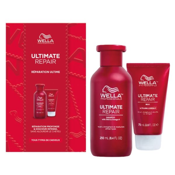 Conjunto de reparação definitiva para cabelos danificados Ultimate Repair da Wella. Conjunto de reparação definitiva para cabelos danificados Ultimate Repair da Wella.