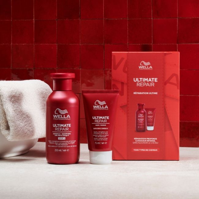 Conjunto de reparação definitiva para cabelos danificados Ultimate Repair da Wella.