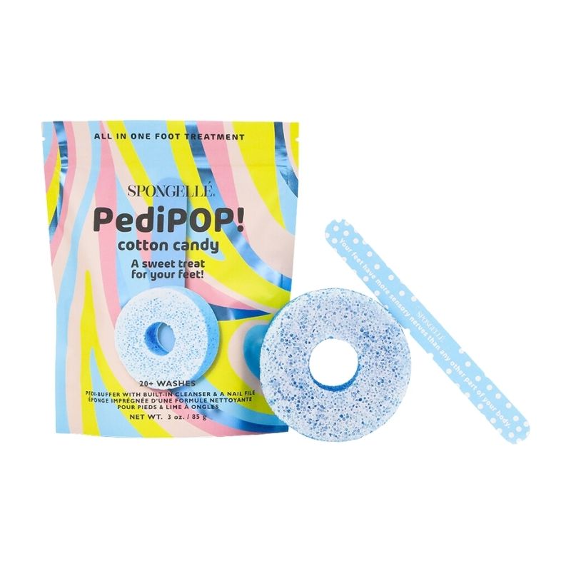 Esponja infundida & lima de unhas de pedicure Pedi Pop Buffer algodão doce (20+ utilizações) Spongellé 85g