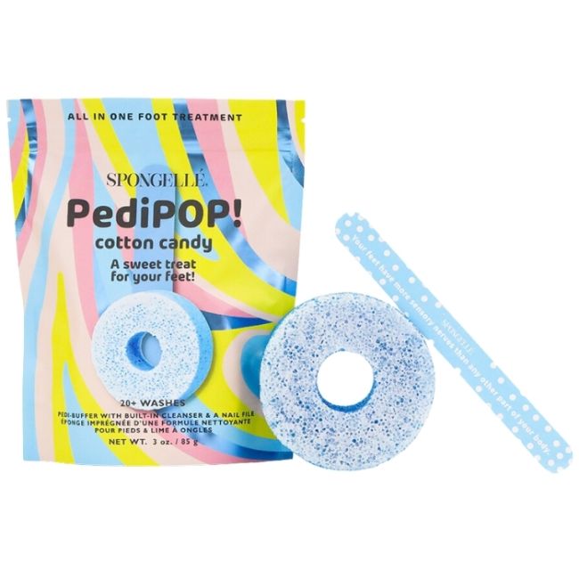 Esponja infundida & lima de unhas de pedicure Pedi Pop Buffer algodão doce (20+ utilizações) Spongellé 85g