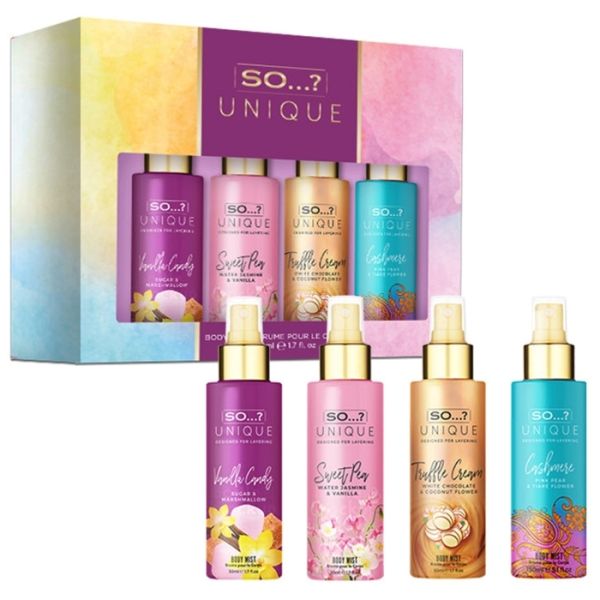 Cadeauverpakking lichaamsspray So…? Uniek 4 x 50ml Cadeauverpakking lichaamsspray So…? Uniek 4 x 50ml