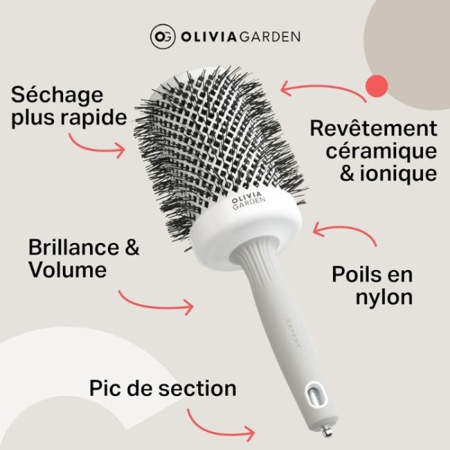 Brosse brushing Expert Blowout Shine nylon blanc & gris 65mm Olivia Garden