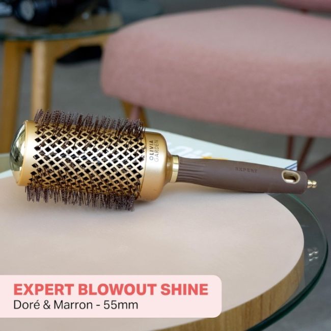 Brosse brushing Expert Blowout Shine nylon ondulé doré & marron 55mm Olivia Garden