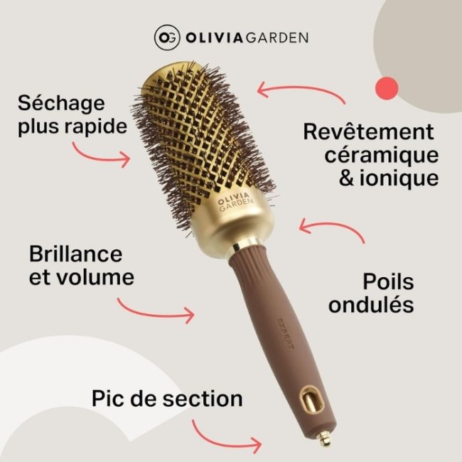 Brosse brushing Expert Blowout Shine nylon ondulé doré & marron 45mm Olivia Garden