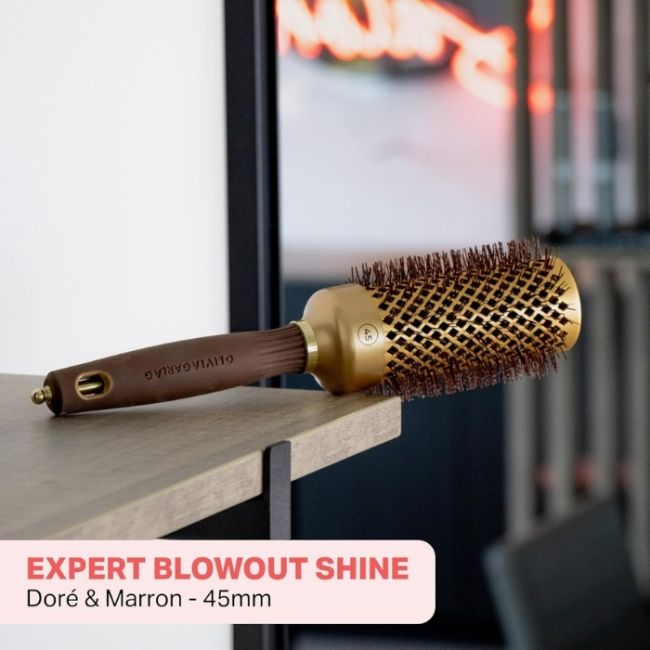 Brosse brushing Expert Blowout Shine nylon ondulé doré & marron 45mm Olivia Garden