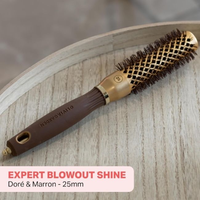 Brosse brushing Expert Blowout Shine nylon ondulé doré & marron 25mm Olivia Garden