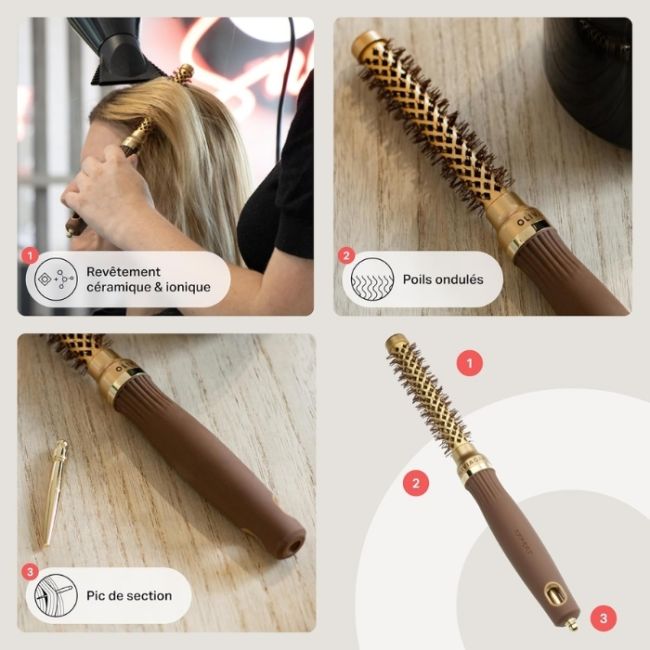 Brosse brushing Expert Blowout Shine ondulé doré & marron 15mm Olivia Garden