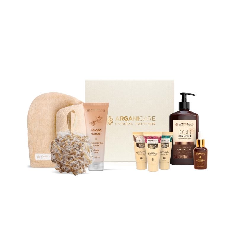 Coffret Compleet Verzorging voor Haar en Lichaam met Ricinusolie, Sheabutter en Zoete Amandel 8 behandelingen Arganicare