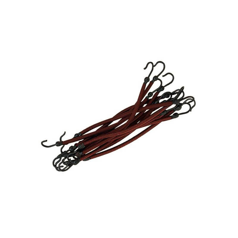 Pacote de 12 elásticos com ganchos castanhos.