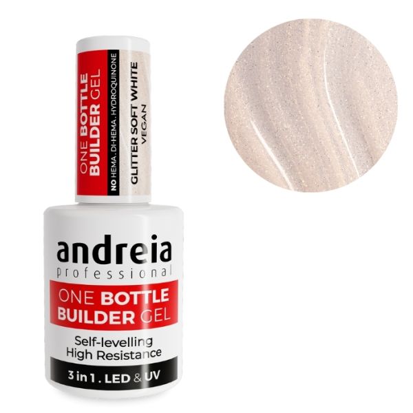 Gel de construcción 3 en 1 One Bottle Gel de baja viscosidad Glitter Soft White Andreia 14ml