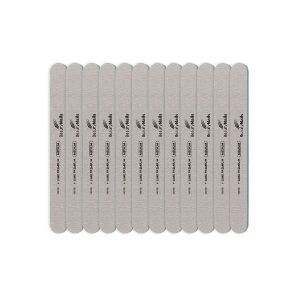 Pacote com 12 lixas de unha médias 150/150. Pacote com 12 lixas de unha médias 150/150.