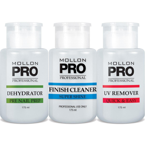 Mollon Pro Kit 3 Frascos Deshidratante, Limpiador Finish, Removedor UV
