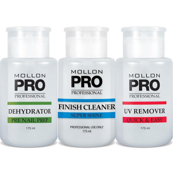 Mollon Pro Kit 3 Flacons Dehydrator, Finish Cleaner, UV Remover Mollon Pro Kit 3 Flacons Dehydrator, Finish Cleaner, UV Remover