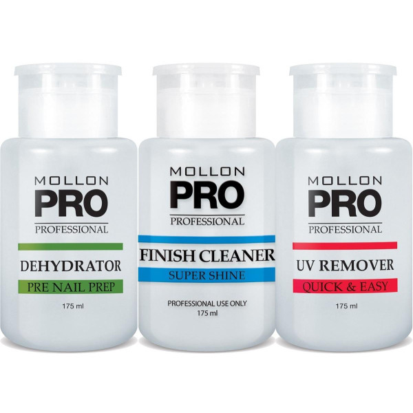 Mollon Pro Kit de 3 botellas deshidratador, acabado más limpio, removedor UV