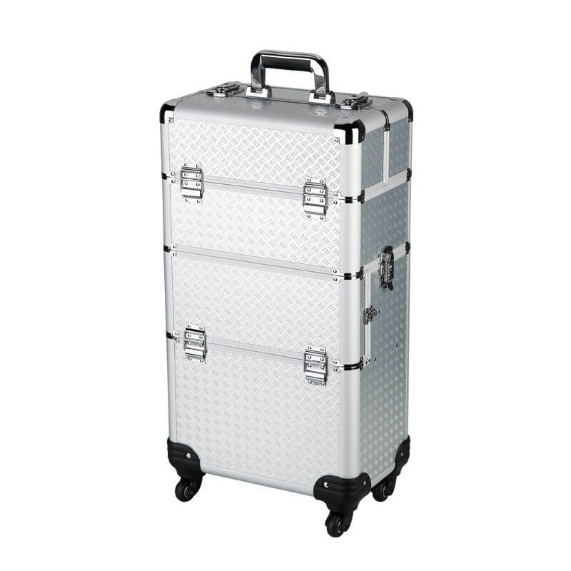 Esthetische koffer met 3 compartimenten op wieltjes.